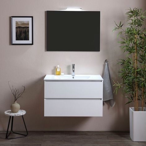 Kiamami Valentina – Meuble de salle de bains suspendu 90 cm – 2 tiroirs extractibles – Lavabo céramique blanc – Finition bois moderne – Miroir LED 90x60 (1/5)