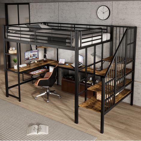 Cama alta con escritorio y escalera esquinera 120x200 OKMYHOME (1/5)