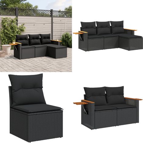 4-tlg. Garten-Sofagarnitur mit Kissen Schwarz Poly Rattan - Gartensofas - Outdoor Möbel - Gartenmöbelset - Rattan Gartenmöbel - Lounge Set - Home & Living (1/5)