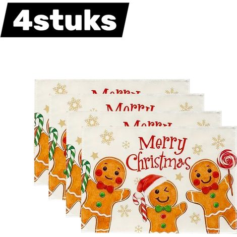 Lot de 4 sets de table - Motif bonhomme en pain d'épice - Décorations de table de Noël - Lin - Imperméable et antitache - Idéal pour le salon, la table basse ou comme tapis festif - Beige (1/5)