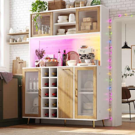 Buffet,Meuble de rangement,Meuble de cuisine multifonctionnel, 120 x 40 x 170 cm, avec éclairage LED, casier à bouteilles et étagère à snacks, 5 portes, prise intégrée, blanc aspect bois (1/5)