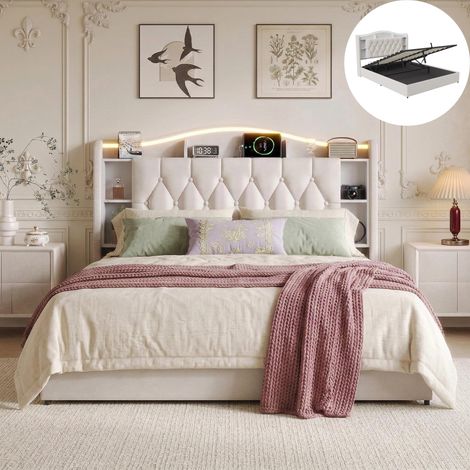 Lit coffre double 160x190,  tissu peluche, bande LED et ports USB intégrés – Structure à lattes, grand espace de stockage – design moderne, Beige (1/5)
