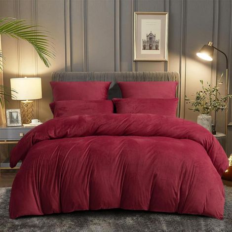 Ensemble de literie en polaire corail 155x220cm bordeaux avec 2 taies d'oreiller 80x80cm