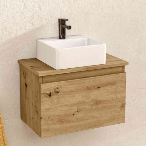 BELLOBATH – Hängender Badezimmerschrank mit quadratischem Keramikwaschbecken, Badezimmerschrank mit Waschbecken und 1 Schublade, 49,5 x 32 x 30 cm, Eiche