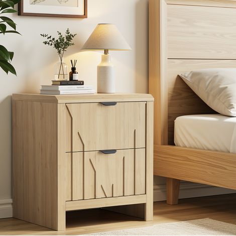 Mesita de noche efecto roble con 1 cajón y balda, diseño moderno con relieve decorativo (1/5)
