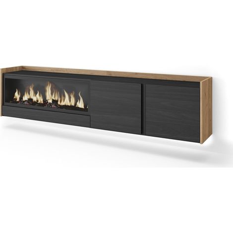 Skraut Home - Mueble TV, Televisión, Muebles de salón, almacenaje, 212x35x50cm, Para TV hasta 80", Chimenea eléctrica XXL, Colgado, Suspendido, LED, Estilo Moderno, Negro y roble (1/5)