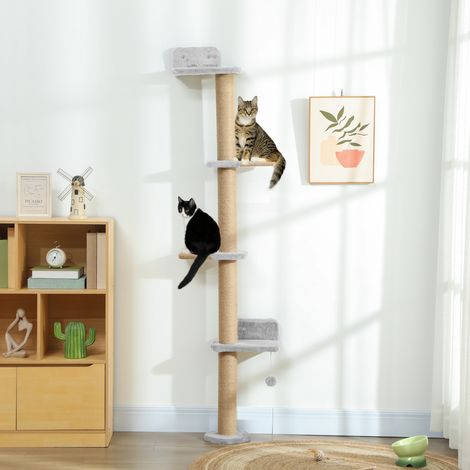 Tiragraffi per gatti, modello a 5 livelli, giocattolo, pali in sisal, tessuto felpato, grigio chiaro