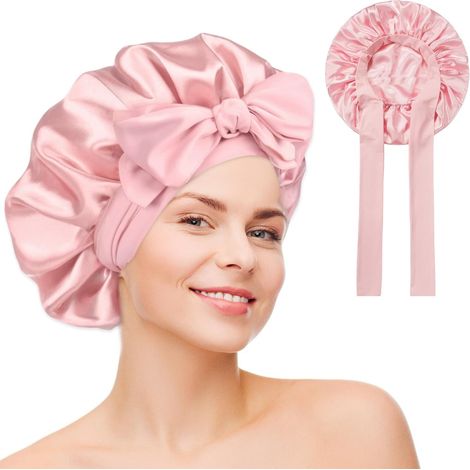 Bonnet de nuit 100 % soie pour cheveux longs et bouclés à bande réglable (Rose) (1/5)