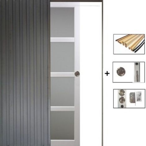 Puerta corredera Tana blanca con cristal H204 x L63 cm, empotrada, kit de acabado Gd Menusieries