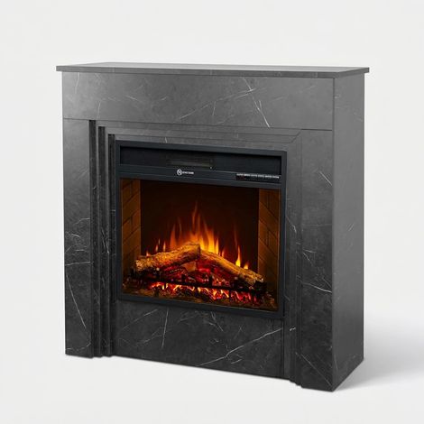 Cheminée électrique BELLINI, cheminée sur pied en bois effet marbre noir, fabriquée en Italie, L96xP35xH96 (1/5)
