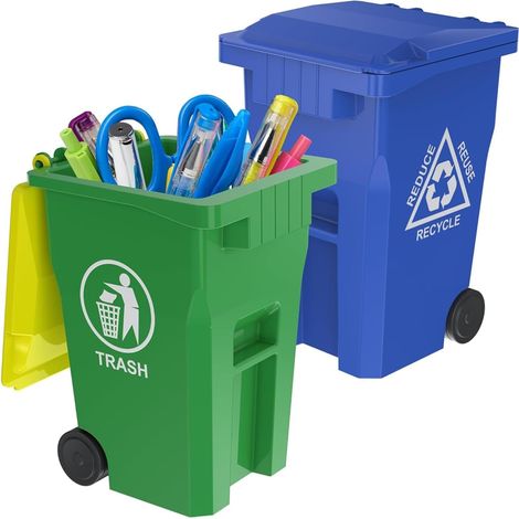 Lot de 2 mini poubelles en bordure de trottoir avec porte-stylo et boîte de recyclage de petite taille unique Vert et bleu (1/5)