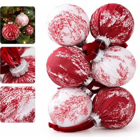 6 Pcs Boules de Noel Emballees de Tissu Imprime Rouge 8 cm Mousse Deco Sapin Noel DIY Ornements Fete Hiver Maison Vitrine (1/5)