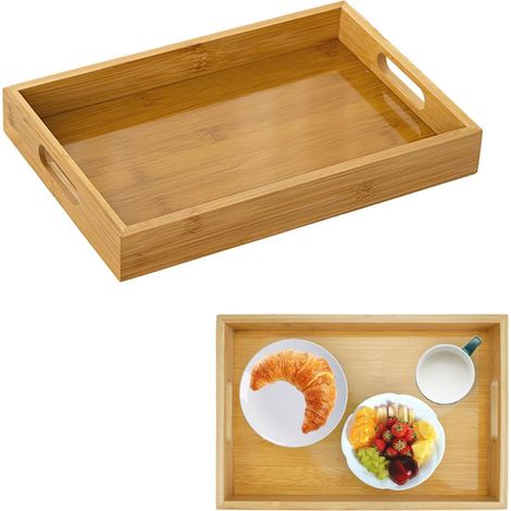 1 Plateau Bambou, 30x20x4 cm, Poignées Intégrées, Bord Surélevé, Petit Déjeuner Cuisine Salon