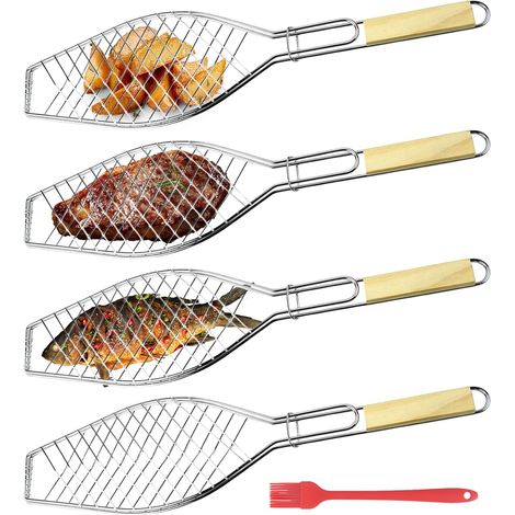 Lot de 4 supports de barbecue en acier inoxydable avec manche en bois et brosse à huile - 60 x 15 cm - Pince à poisson pour barbecue (1/5)