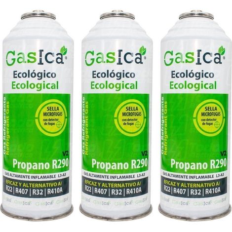 Pack 3 Botellas Gas refrigerante orgánico Gasica V2 Sustituto R22, R407, R32, R410A y R290 (1/5)