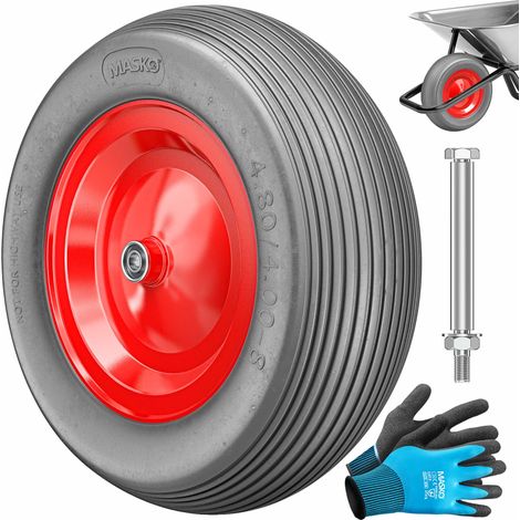 MASKO® PU Schubkarrenrad Vollgummi 200 kg pannensicher 4.80/4.00-8 Ø 390mm inkl. Achse Ersatzrad Gummirad Stahlfelge Reifen pannensicher für Schubkarre Rot/Grau