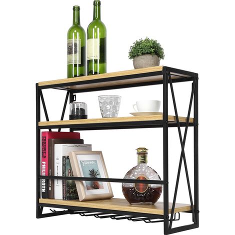 Portabottiglie da vino a muro a 3 livelli, supporto per vino sospeso in metallo, porta-bottiglie, supporto per bicchieri (1/5)