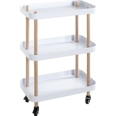 Table d'appoint en Bois Massif sur roulettes, Naturel, métal Blanc, Table Basse Mobile - Dimensions : L 50 x H 76 x P 30 cm Style : Moderne (1/5)