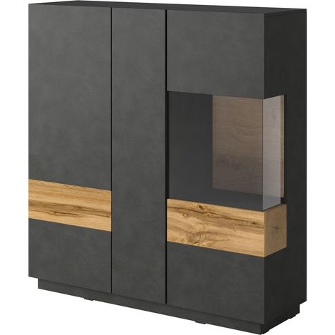 Aparador Livlore 106, Madera gris + Roble wotan, 139x130cm, Número de puertas: 340cm, Aglomerado laminado, Vidrio (1/4)