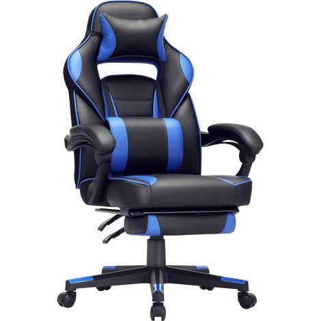 Fauteuil gamer, Chaise gaming, Siège de bureau réglable, avec repose-pieds télescopique, ergonomique, mécanisme basculent, appui-tête, support lombaire, charge 150 kg, Noir et bleu OBG073B04