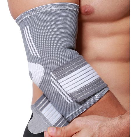 Attelle de coude élastique et de soutien - tissu élastique et respirant, bande de compression ajustable, pour hommes et femmes (Gris, 1 pièce, Taille L) (1/5)