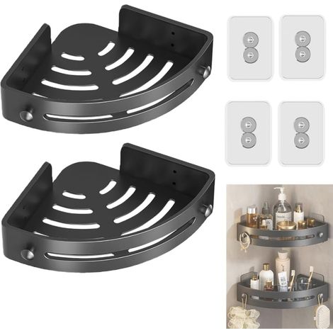 Etagère de Douche d'angle sans Perçage,ABS Etagere Douche Angle avec 2 Crochets,Accessoires de salle de bain,pour Rangement et Organisation de la salle de bain, la cuisine,Noir Mat (1/5)