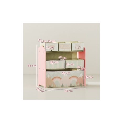 Meuble de rangement enfant 63x30x66 cm en bois rose, avec 6 boîtes en tissu pour chambre FloraGrace (1/5)