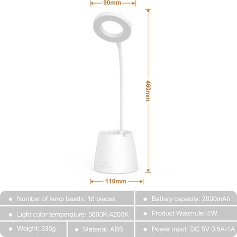Lampe de bureau LED pour enfants, à intensité variable (3 niveaux de luminosité), protection des yeux, col de cygne, commande tactile, sans fil, chargement USB, porte-stylo pour téléphone. (1/5)