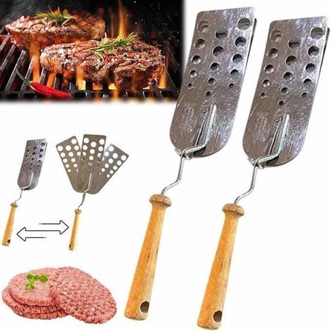 Lot de 2 Spatule à retourner les hamburgers Creative 3, construction en acier avec manche en bois, spatule résistante à la chaleur pour griller et cuisiner (1/4)