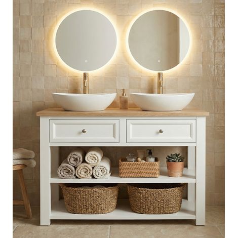 Meuble sous‑vasque BALI 100 cm Suspendu, Meuble de salle de bain laqué Blanc Mat, plan couleur chêne, miroir rectangulaire LED, 2 tiroirs à fermeture amortie, grand rangement salle de bain (1/5)