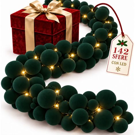 Ghirlanda Natalizia Festone 180cm 142 Sfere Led Addobbo di Natale Velluto Verde (1/5)