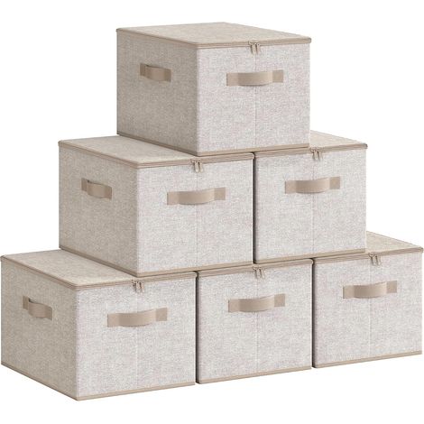 Boîte de Rangement, Pliable, avec Couvercle, Poignées, Coffre, Panier, pour Vêtements, Chaussres, en Tissu Non-tissé, Lot de 6, 40 x 30 x 25 cm, Beige Sable (1/5)