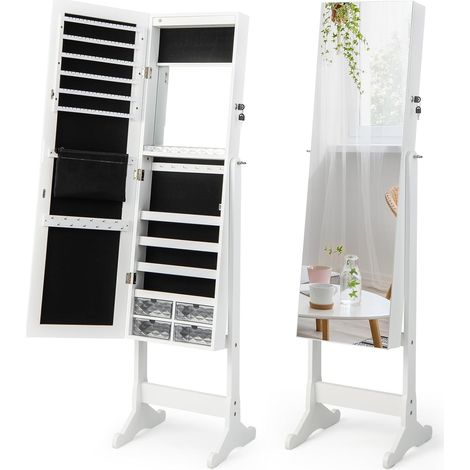 COSTWAY Schmuckschrank neigungsverstellbar, freistehender Schmuckregal mit Ganzkörperspiegel & innerem Schminkspiegel & LED-Leuchten, Schmuck Spiegelschrank abschließbar, Weiß (1/5)