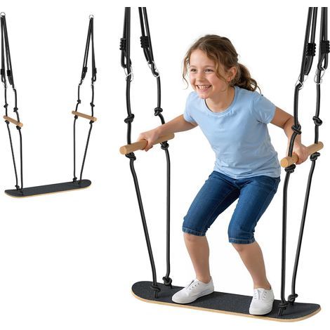 Balançoire skateboard pour enfants, hauteur réglable, planche antidérapante, corde résistante aux intempéries, poignées, noire (1/5)