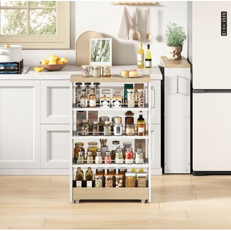 Carrello salvaspazio 55x12x85 cm bianco e naturale in MDF con 4 ripiani regolabili e ruote (1/5)
