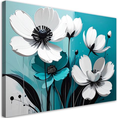 Stampe su Tela, Fiori bianchi su sfondo turchese in stile moderno. - 30x20 (1/2)