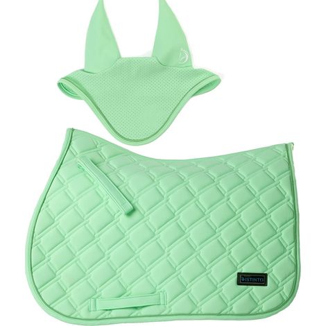pony, verde menta: Set cuffia e sottosella inglese rettangolare modello Aura con targhetta DISTINTO più Cappellino omaggio