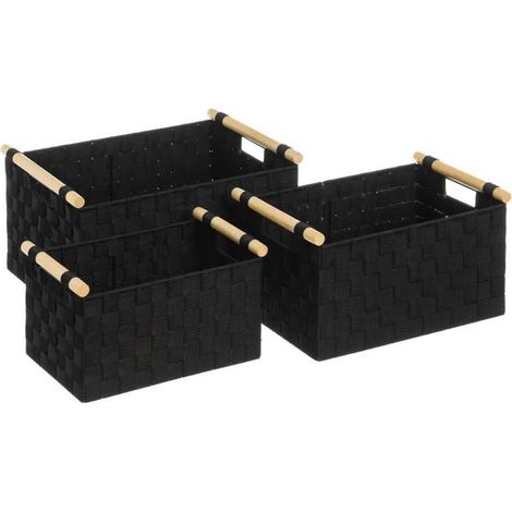 Lot 3 panier de rangement tressé avec poignée, caisse de rangement rectangulaire en polypropylène coloris noir -JUANIO- (1/4)