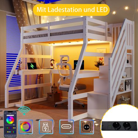 Lit mezzanine en bois blanc 90 x 200 cm avec bureau, éclairage LED, port USB et escalier avec espace de rangement (1/4)