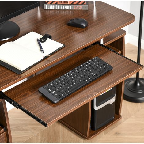 Bureau moderne en bois avec tiroirs, étagère coulissante pour clavier et support PC, bibliothèque intégrée, 120x55x85 cm, marron (1/5)