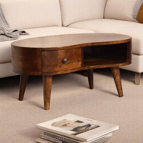 Table basse ondulée Mini en châtaignier massif, 1 tiroir, 1 fente ouverte, Brun