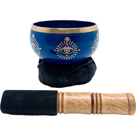 Cuenco tibetano de latón azul con ojos dorados y cojín 11 cm (1/5)