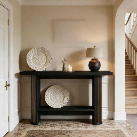 Mesa consola negra de madera 140 x 30 x 80 cm con estante inferior DESVIAE (1/5)
