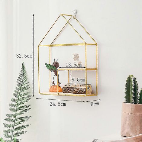 Étagère murale en bois et fer (26-27 cm) - Salon, cuisine, salle de bain - Élégante et raffinée - Étagère de rangement murale double couche dorée
