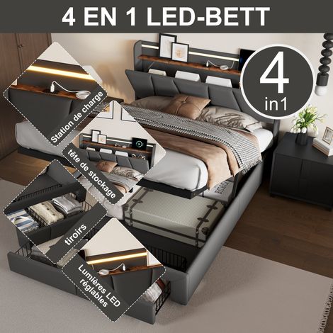 Lit Coffre 160x200 avec Sommier, Lit Double Capitonné avec LED, 4 en 1, Cadre de Lit, 2 Tiroirs de Rangement,Tissu en Lin,Gris Foncé (1/5)