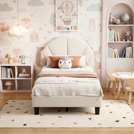 SYEKLAOO Générique Lit Fille 90x200 cm avec Sommier à Lattes Tête de lit Réglable en Hauteur,en Forme de Coquillage,Lit Simple Enfant Fille en Velours-Beige (1/5)