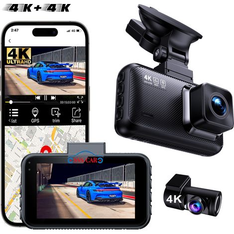 4K+4K Dual Ultra HD Dashcam – Front- und Rückkamera mit integriertem WLAN und Smartphone-App – Verbesserte Nachtsicht, 24/7-Parküberwachung und Loop-Modus – Weitwinkel-Auto-DVR mit 3-Zoll-Bildschirm –