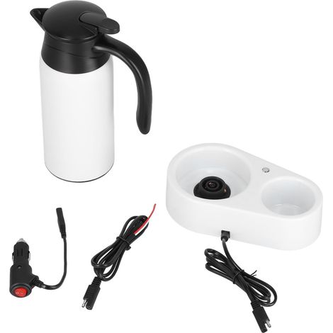 Bouilloire électrique portable 800 ml pour voiture, distributeur d'eau avec base blanche et joint d'étanchéité en silicone pour faire bouillir l'eau en voyage (blanc). (1/5)