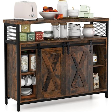 Goplus – Buffet de cuisine industriel 100x33x88cm – 2 portes coulissantes – 6 compartiments ouverts – Pieds réglables – Matériau bois et métal (1/5)