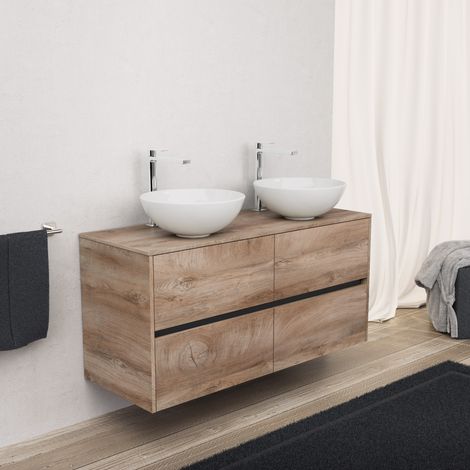 Inda - Badezimmerschrank 4 Schubladen L.120 mit Doppelwaschbecken / Natureiche - Diamante (1/5)